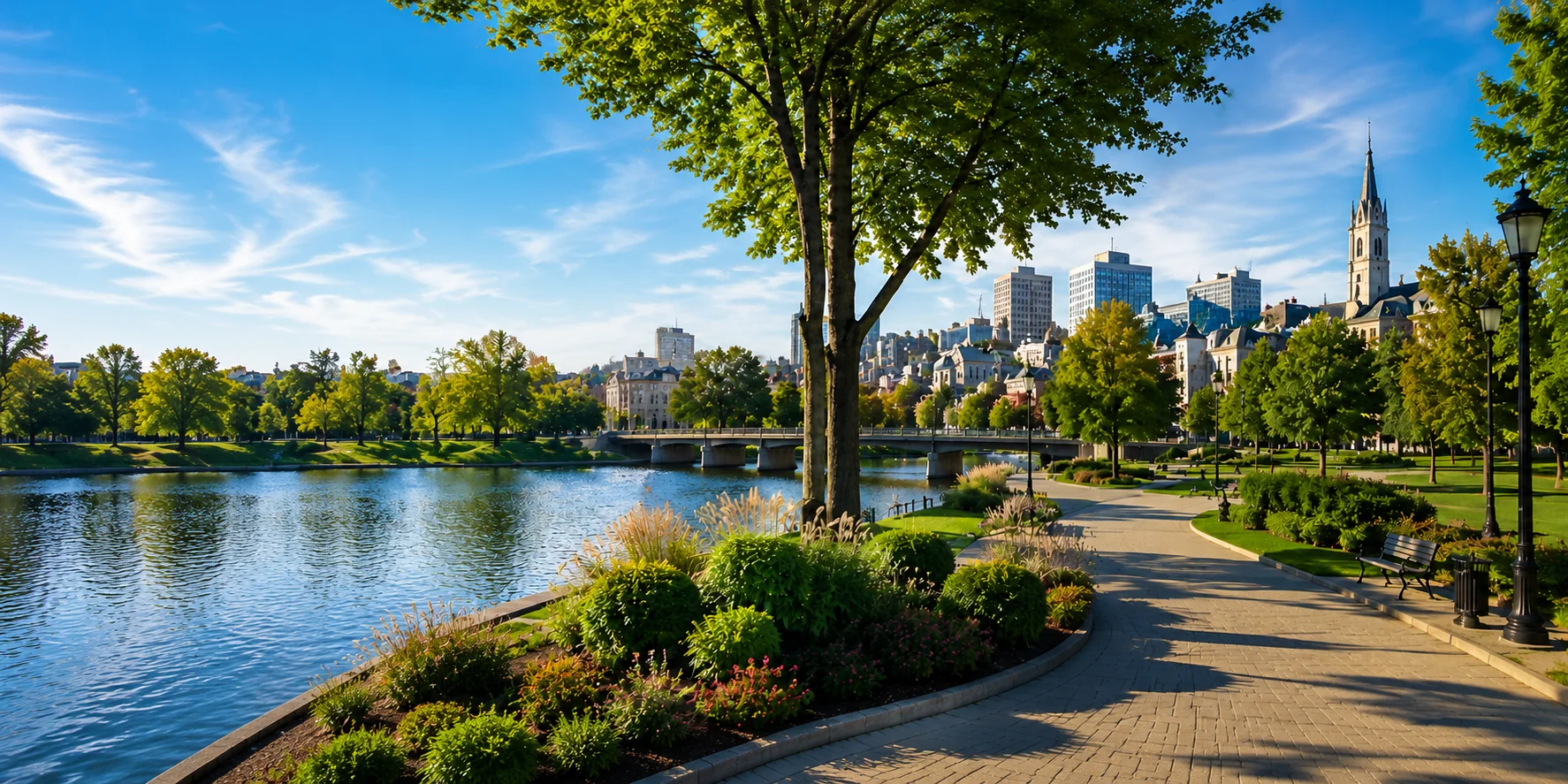 Parc riverain et centre-ville dans un environnement municipal verdoyant