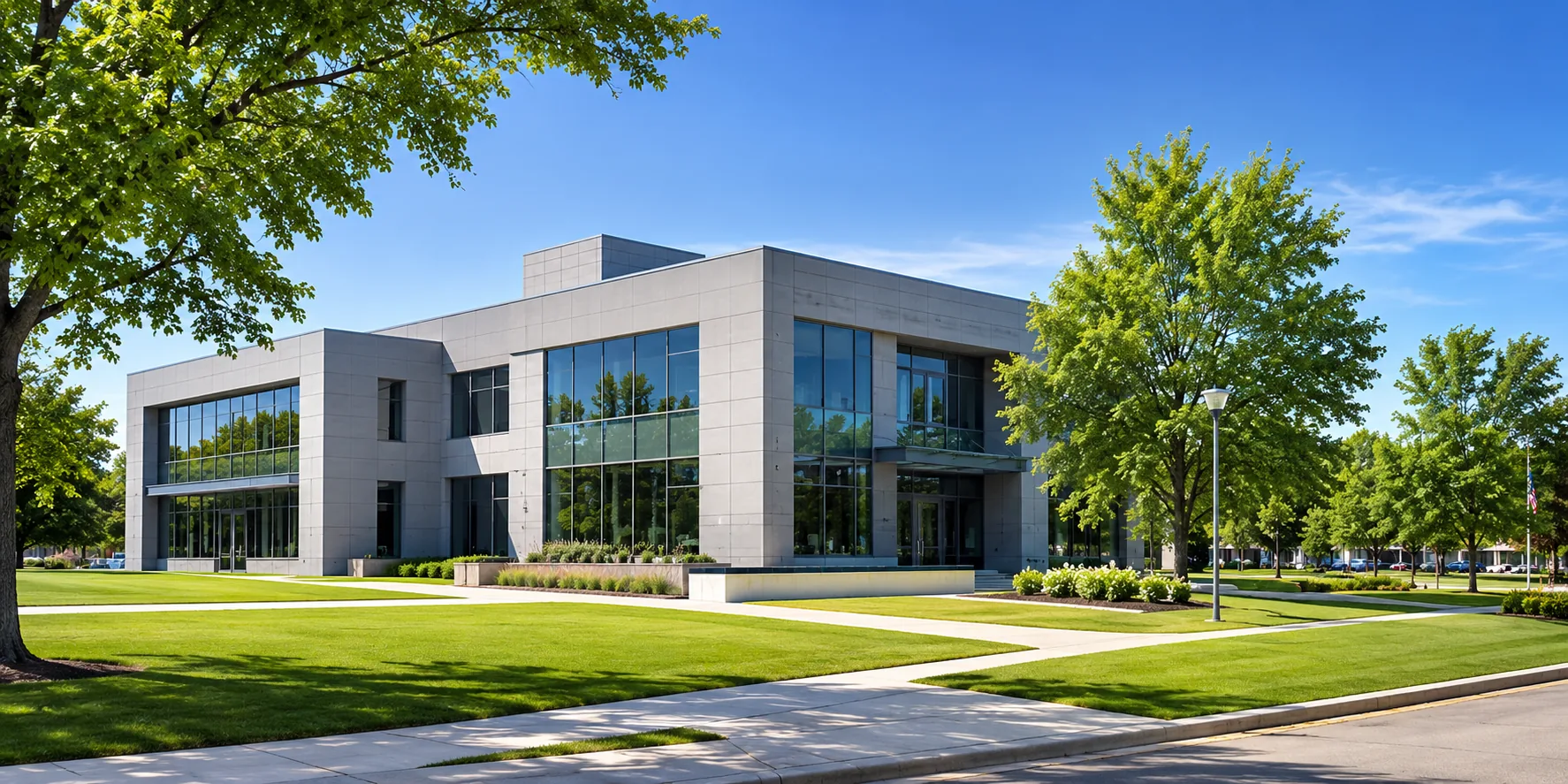 Centre administratif municipal moderne entouré d’arbres