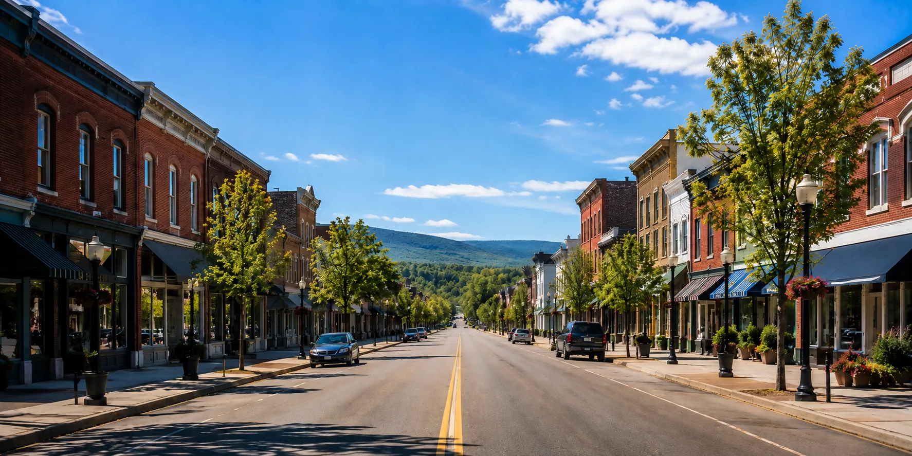 Rue principale bordée de commerces dans une petite municipalité
