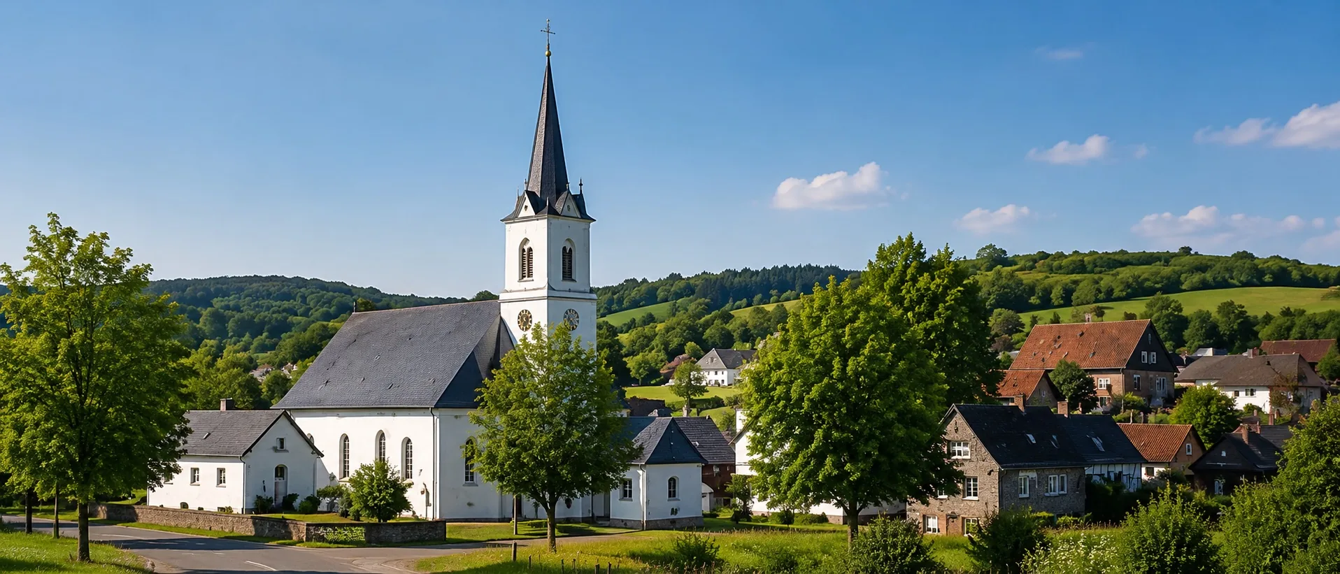 Village avec église et collines boisées